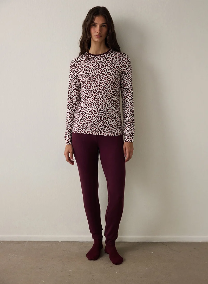 Penti Leopard Patterned Crew Neck Long Sleeve Pajama Top